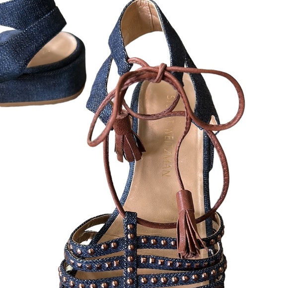 Stuart Weitzman Skippity Antique Denim Strappy Tassel Wrap Sandals 7.5 - Picture 11 of 16